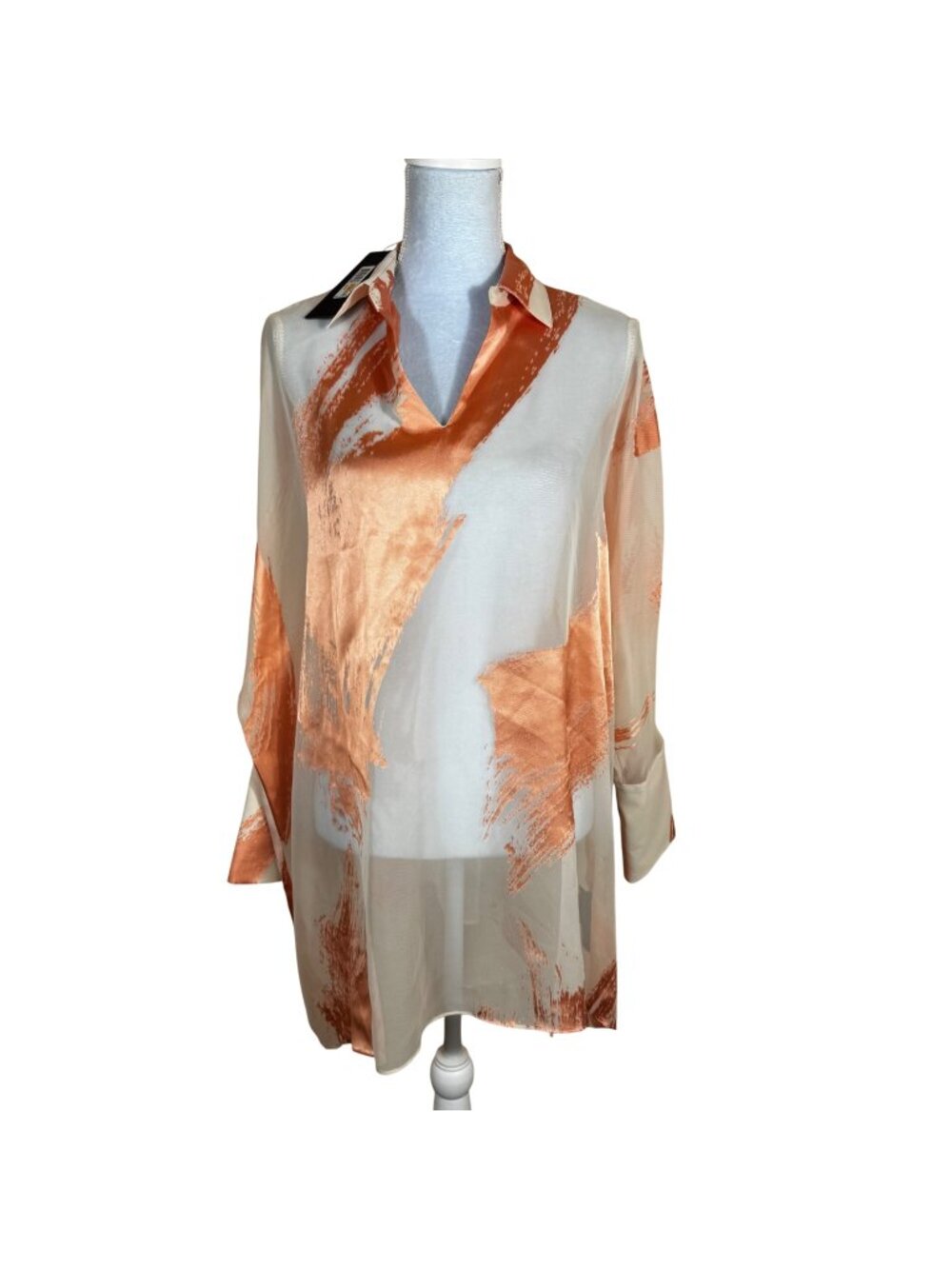 Donna Karan New York Sheer Satin Overlay Blouse S White Orange